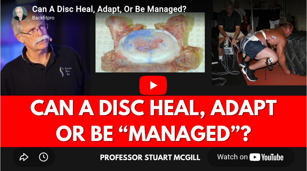 Video thumbnail about disc health: expert speaking on the left, a spinal disc image in the center, and a person exercising on the right with bold title text above.
