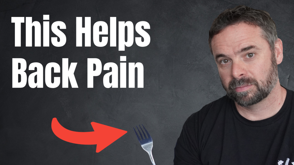 Thumbnail for a back-pain relief video: man on the right, bold 'This Helps Back Pain' text, red arrow pointing to a fork in the center-left.