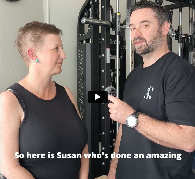 Video thumbnail: Susan being interviewed in a gym beside a weight machine with a man holding a microphone.