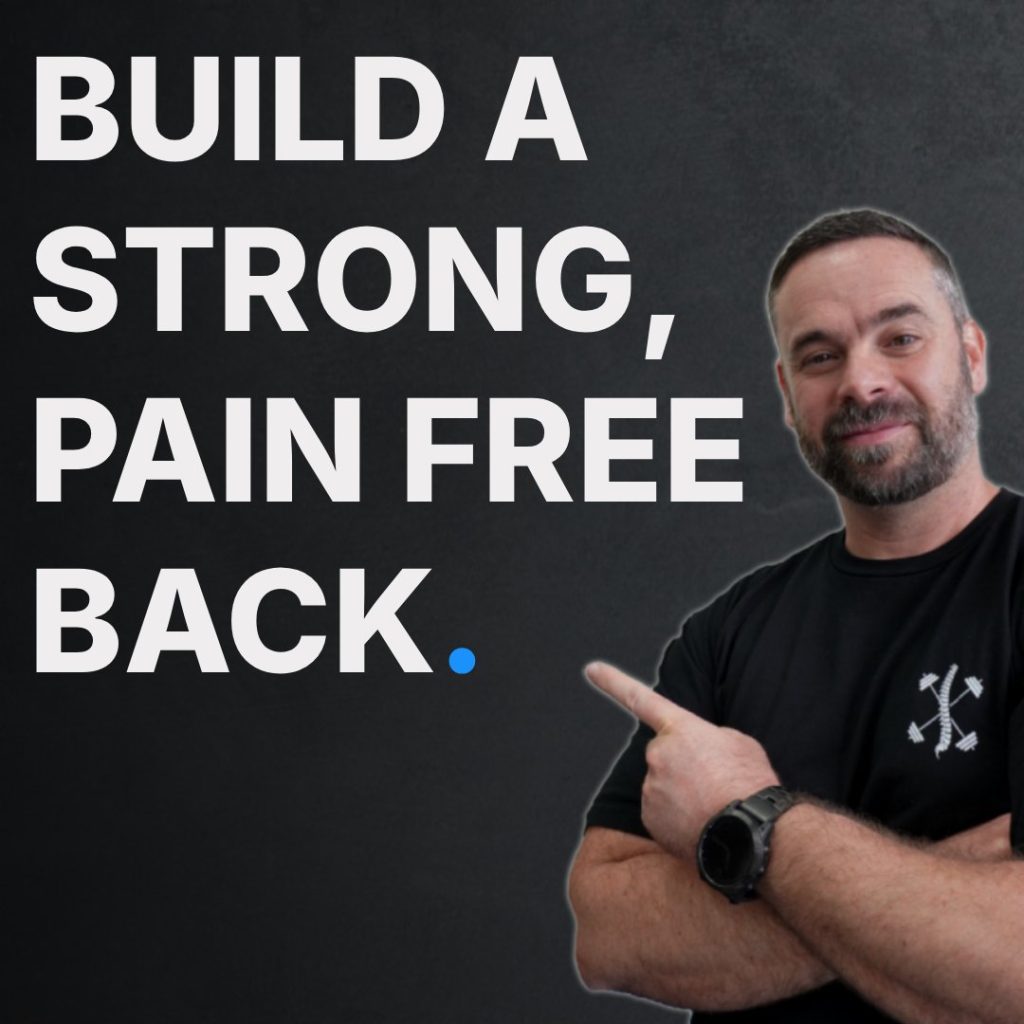 Skool Square Promo - Brisbane Back Pain Program | McGill Certified Practitioner | Online Coaching Promotional image reading "BUILD A STRONG, PAIN FREE BACK" with a man in a black shirt pointing to the text, on a dark background.