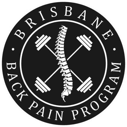 Circular Brisbane Back Pain Program logo featuring a stylized spine with two crossed barbells inside. Outer ring reads 'BRISBANE BACK PAIN PROGRAM'.